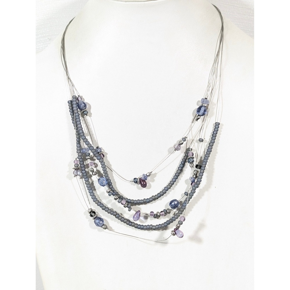 Coldwater Creek Gray Purple Glass Necklace 23" Multi Strand Wire